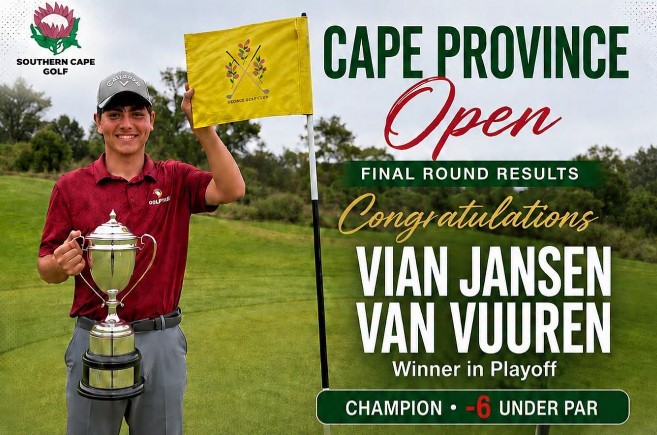 What a thrilling finish to an outstanding week of golf! Congratulations to Vian Jansen van Vuuren on being crowned the 2026 Cape Province Open Champion, securing victory in a playoff after finishing at 6-under par (210). 👏A fantastic final-round 64 earned Vian his place in the playoff before holding his nerve to lift the trophy. Final Leaderboard: 🥇Vian Jansen van Vuuren (-6) – Winner in Playoff 🥈C.J. van Wyk (-6) 🥉Jean-Pierre van der Watt, Keegan du Plessis, Timothy Nicholas Daniels & Wendell Bossenger (-5) A huge thank you to all the players, officials, volunteers, sponsors and George Golf Club for making this year’s championship such a memorable event.