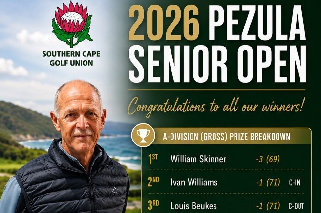 Congratulations to all the players who competed in the 2026 Pezula Senior Open! 👏⛳️ A-Division (Gross) 🥇William Skinner – 69 (-3) 🥈Ivan Williams – 71 (-1) C-In 🥉Louis Beukes – 71 (-1) C-Out A&B-Division (Stableford) 🥇Ockie Horwitz – 39 Points 🥈Christiaan Thiart – 38 Points C-In 🥉Willem Pretorius – 38 Points C-Out 4️⃣Pieter Ferreira – 38 Points C-Out 5️⃣Pieter Stassen – 38 Points C-Out 👏Well played to all the winners and participants! A special thank you to Golfers Club and The Pro Shop for their continued support of senior golf.